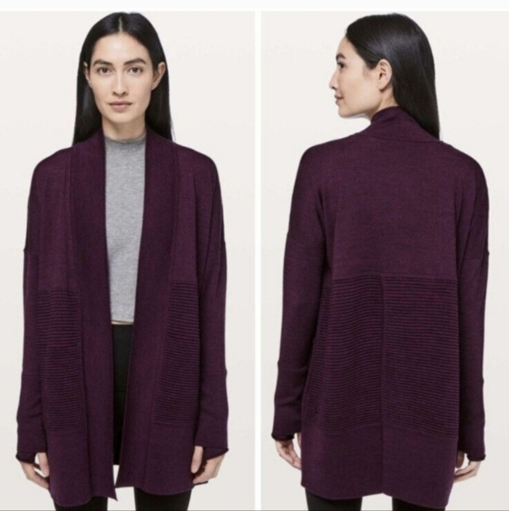 Lululemon Size 4 Merino Wool Cardigan Sweater Sit In Lotus Wrap II Black Cherry